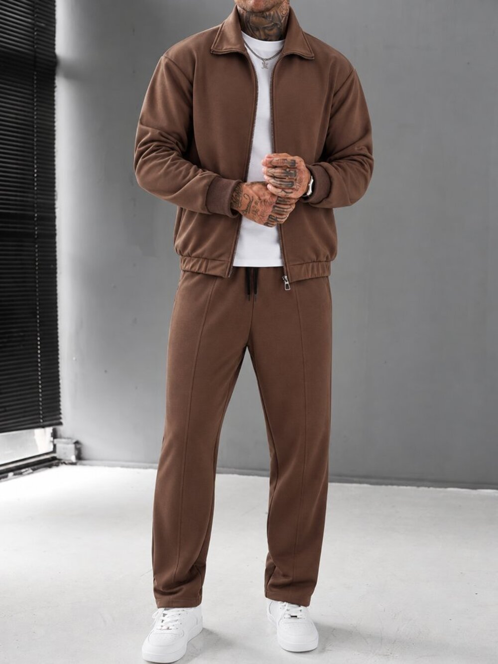Brown Casual Men's Loose Pocket Zipper Long Sleeve Jacket & Pants Set